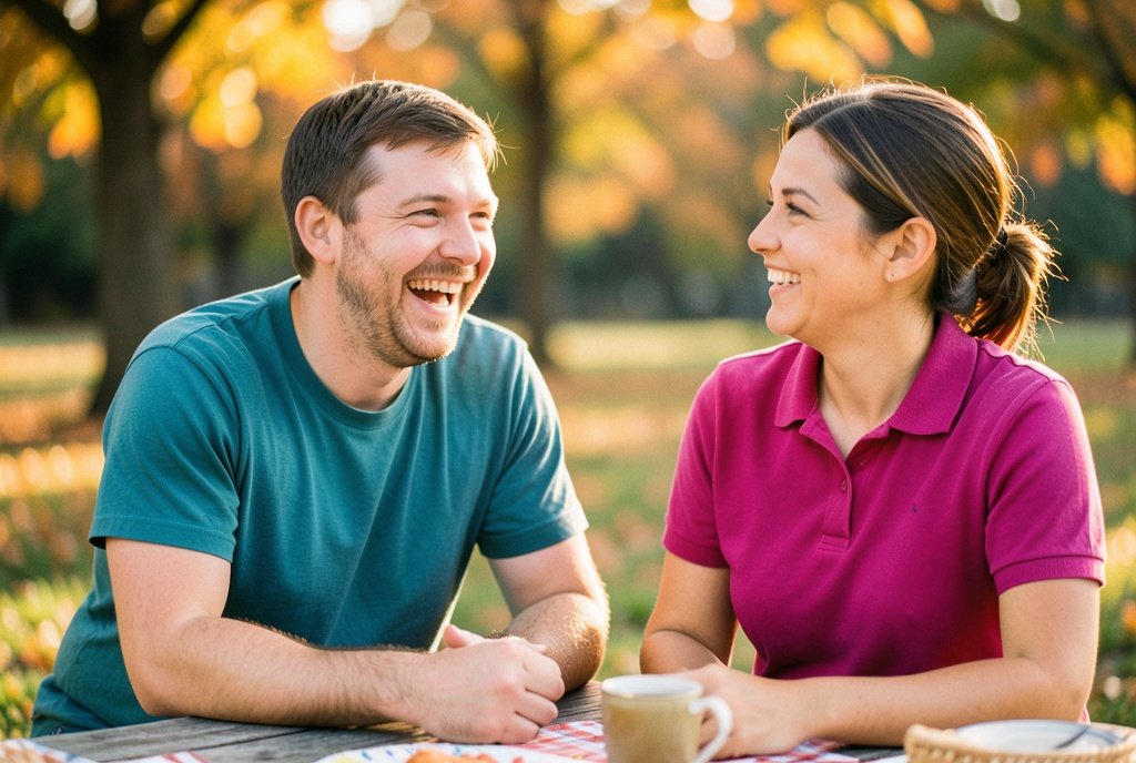 A young man smiling at a park picnic table with a Guardian Angel support worker