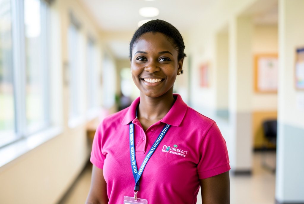 A smiling direct support professional in a pink Guardian Angel polo shirt